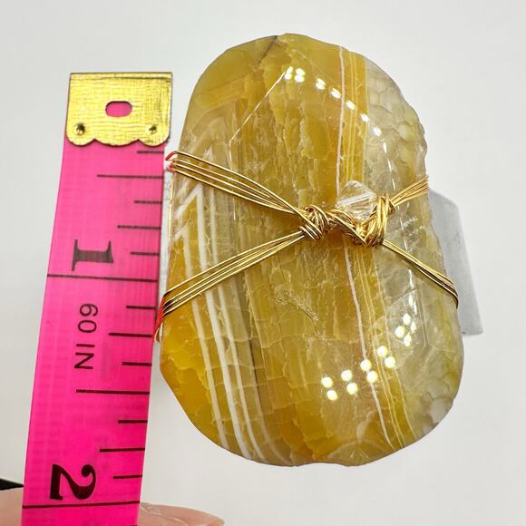 Golden Calcite Cuff Bracelet Wrapped Chunky Stone Boho Modern Silver tone - Picture 2 of 10